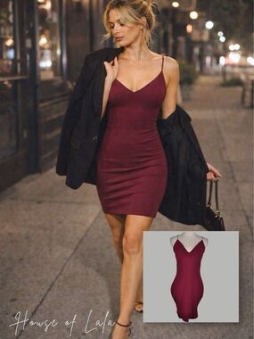 Boohoo Burgundy V Neck Spaghetti Strap  Red Bodycon Classic Mini Cocktail Dress